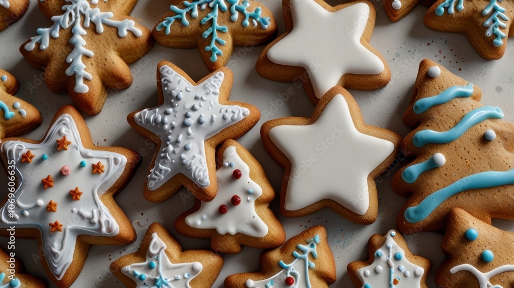 A close-up of a variety of Christmas cookies, including stars and Christmas trees, decorated with white and blue icing. A close-up of a variety of Christmas cookies, including stars and Christmas trees, decorated with white and blue icing.