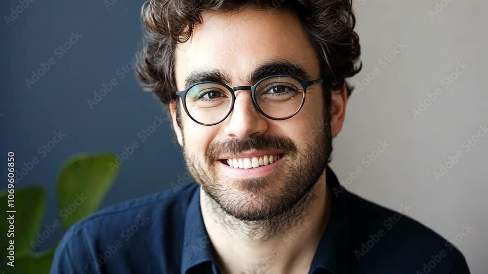 A man with curly brown hair and glasses smiles broadly for the camera A man with curly brown hair and glasses smiles broadly for the camera