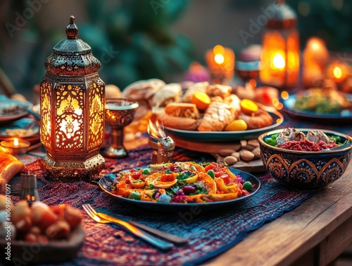 A colorful array of Middle Eastern dishes arranged on a festive table, adorned with decorative lanterns, setting a warm and welcoming scene for a gathering.