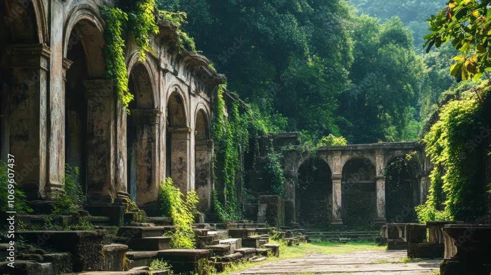 Overgrown ruins of an ancient amphitheater, vines hanging from broken columns, with lush green trees in the background Overgrown ruins of an ancient amphitheater, vines hanging from broken columns, with lush green trees in the background