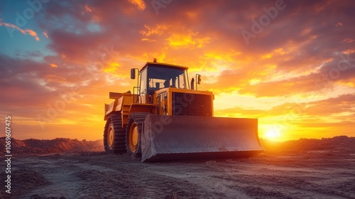 A yellow bulldozer stands on a dirt field with the setting sun behind it.