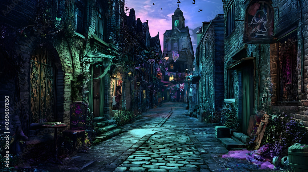 Fototapeta premium A cobblestone street in a medieval town with a tower and a pink sky at dusk.