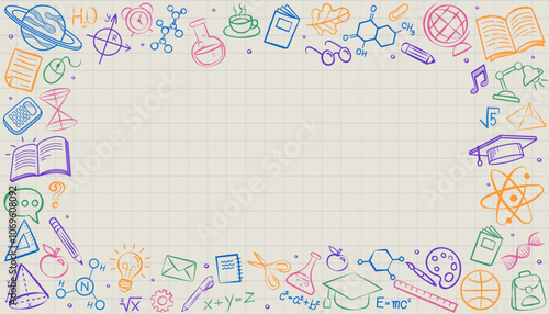 A fun and creative back to school background featuring a colorful frame of hand-drawn education doodles on gridded notebook paper, leaving ample copy space for text and projects.