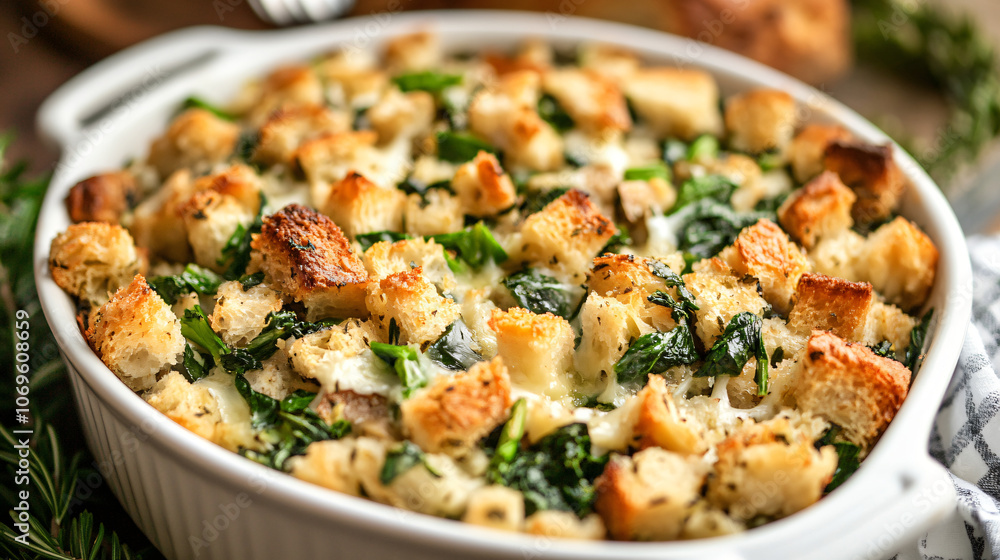 Stuffing with spinach and cheese for a creamy Thanksgiving side dish. Stuffing with spinach and cheese for a creamy Thanksgiving side dish.