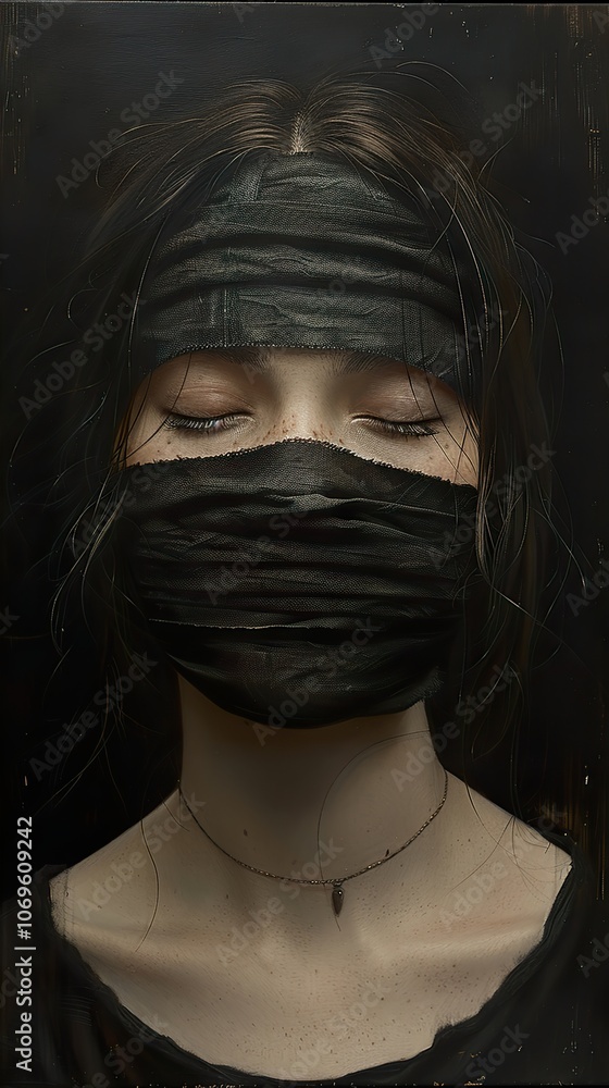 Close-Up Portrait of a Woman with Closed Eyes and a Black Fabric Covering Her Face Close-Up Portrait of a Woman with Closed Eyes and a Black Fabric Covering Her Face