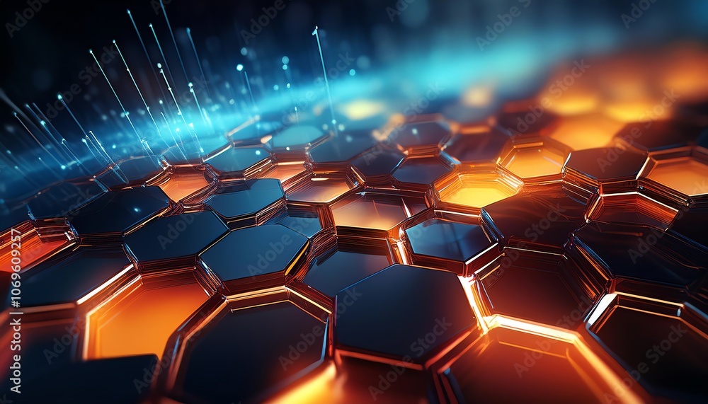 Obraz premium A dynamic, glowing hexagonal pattern in shades of orange and blue, featuring a futuristic design with depth and luminosity.
