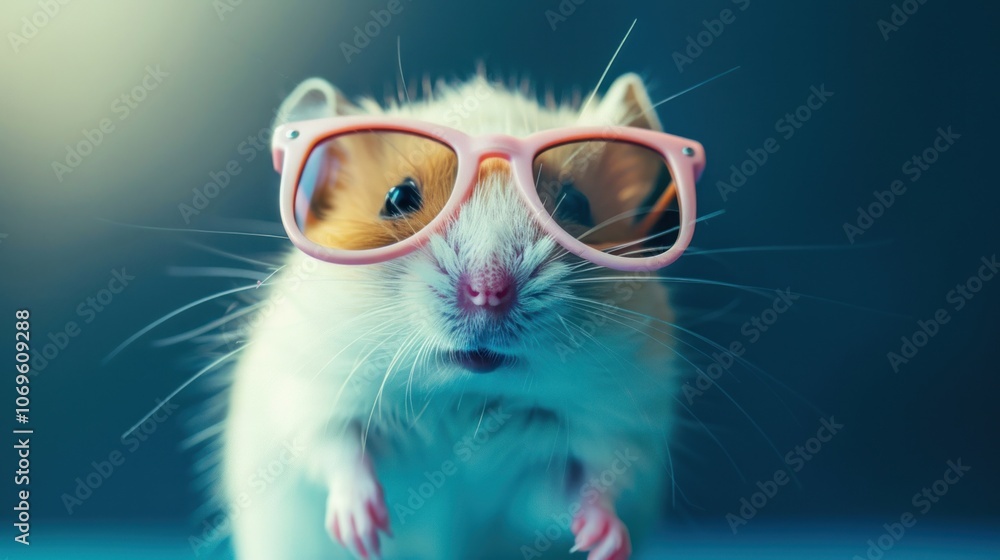Smiling hamster in fashion sunglasses on bright dark blue background with copy space, Smiling hamster in fashion sunglasses on bright dark blue background with copy space,