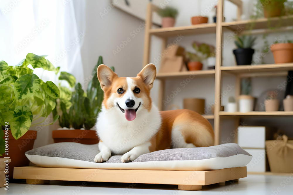 A cheerful corgi resting on a cozy bed surrounded by indoor plants. A cheerful corgi resting on a cozy bed surrounded by indoor plants.