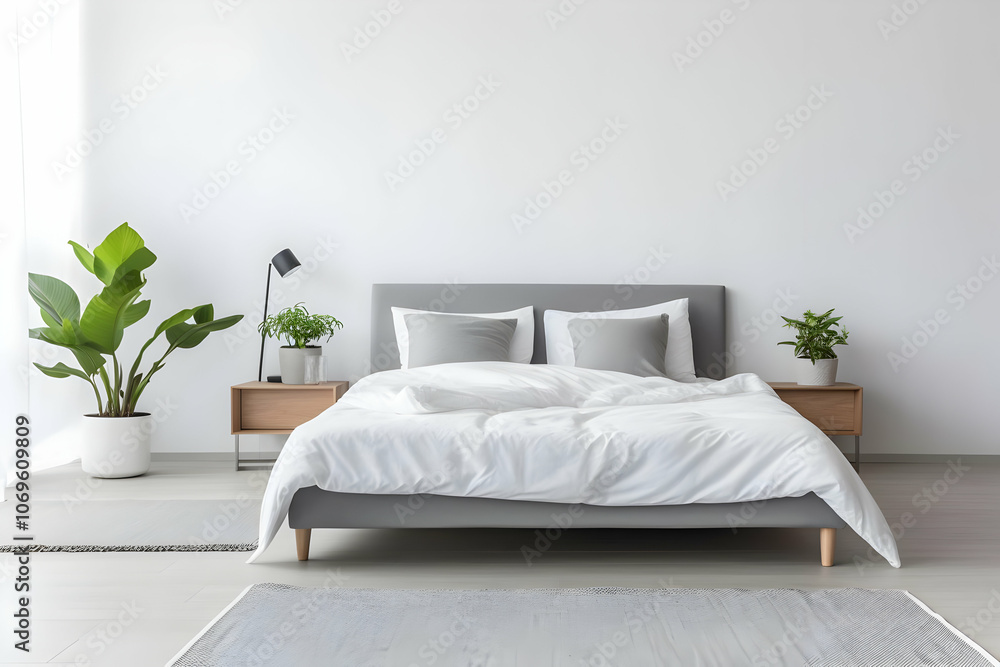 A modern bedroom featuring a bed, plants, and minimalistic decor for relaxation. A modern bedroom featuring a bed, plants, and minimalistic decor for relaxation.