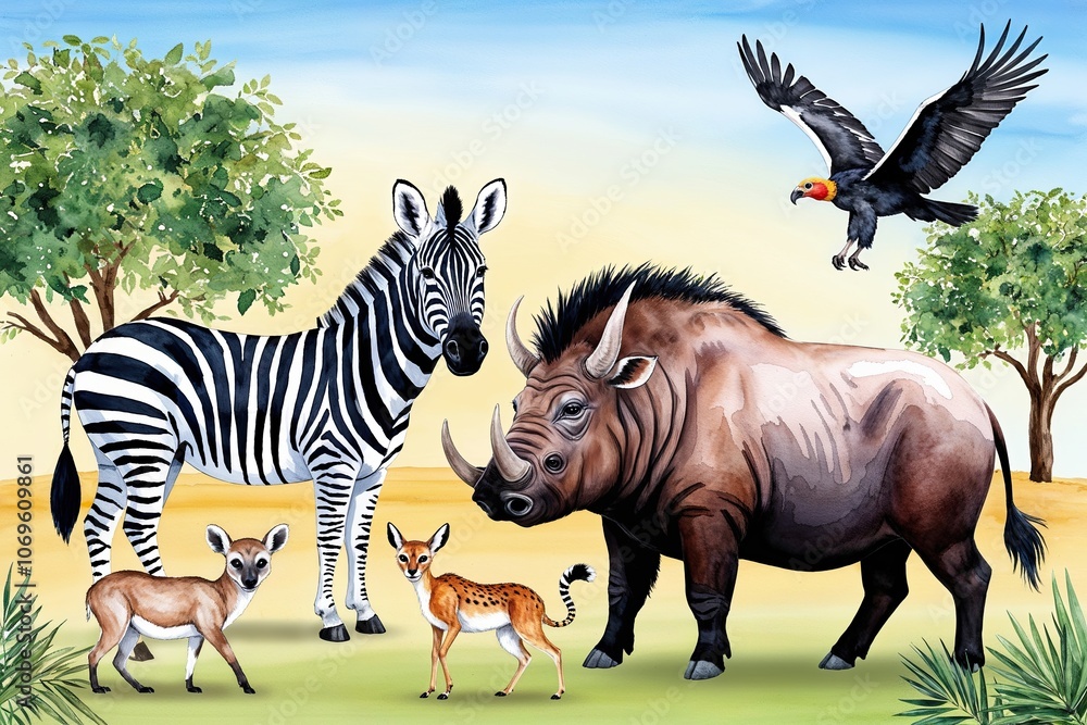 Naklejka premium Vibrant Watercolor Safari Animal Clipart Featuring Hand-Painted Zebra Warthog Antelope Lemur and Vulture