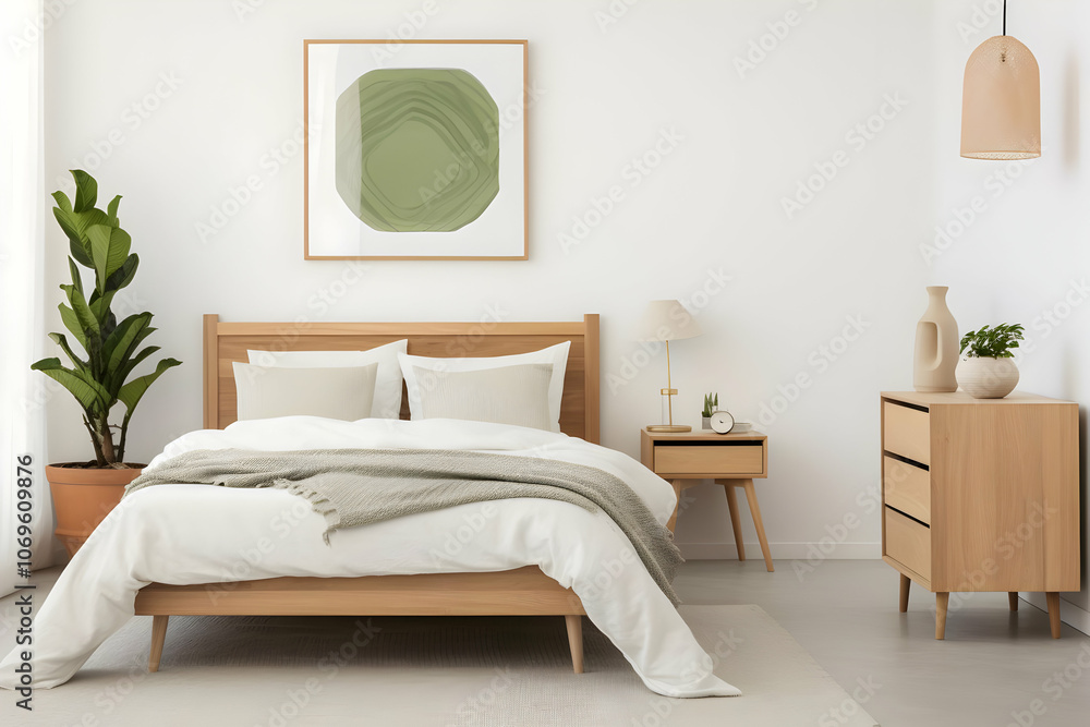 A serene bedroom featuring a wooden bed, decorative plants, and minimalist decor. A serene bedroom featuring a wooden bed, decorative plants, and minimalist decor.