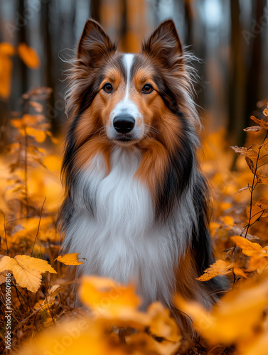A regal Shetland Sheepdog sits gracefully amidst a vibrant autumn forest, surrounded by golden leaves that complement the rich tones of its fur. 