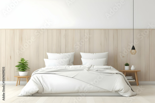 A serene bedroom featuring a white bed, wooden accents, and minimal decor for relaxation.