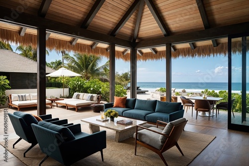 Contemporary Oceanfront Bungalow Lounge Featuring Modern Designer Decor and Architecture