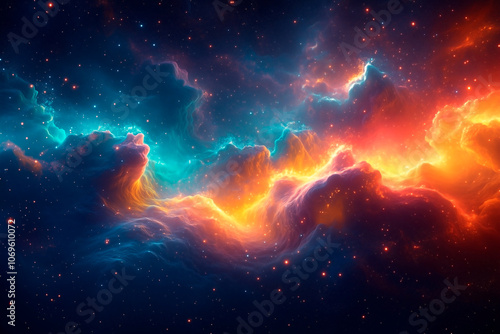  A stunning depiction of a colorful nebula, showcasing swirling clouds of gas and dust in vibrant hues of orange, yellow, blue, and teal.  photo