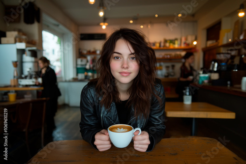 A young woman with a casual yet edgy style sits at a cozy cafe, holding a beautifully crafted latte. Dressed in a black leather jacket and with tousled hair, she exudes confidence