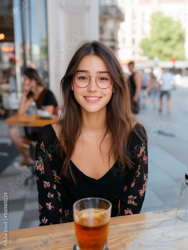 Cheerful Young Woman Enjoying a Relaxed Day at a Cafe.  A candid, sunny portrait of a young woman sitting at an outdoor cafe, exuding warmth and friendliness. She wears a stylish black top with floral