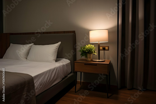 A cozy bedroom scene featuring a bed, bedside table, lamp, and a potted plant.