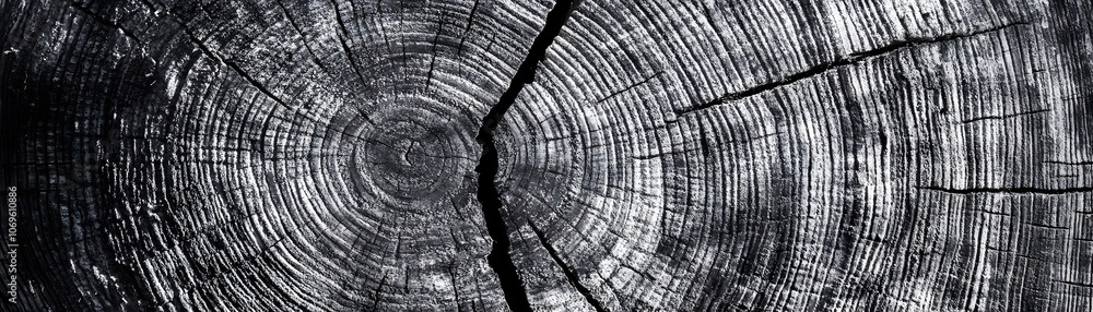 Fototapeta premium Close-up of a Tree Trunk's Cross-Section with Visible Growth Rings and Cracks