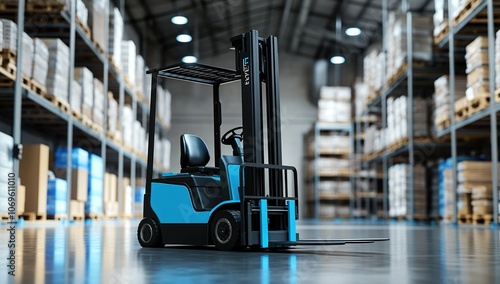 A blue forklift in a warehouse with shelves stacked with boxes.