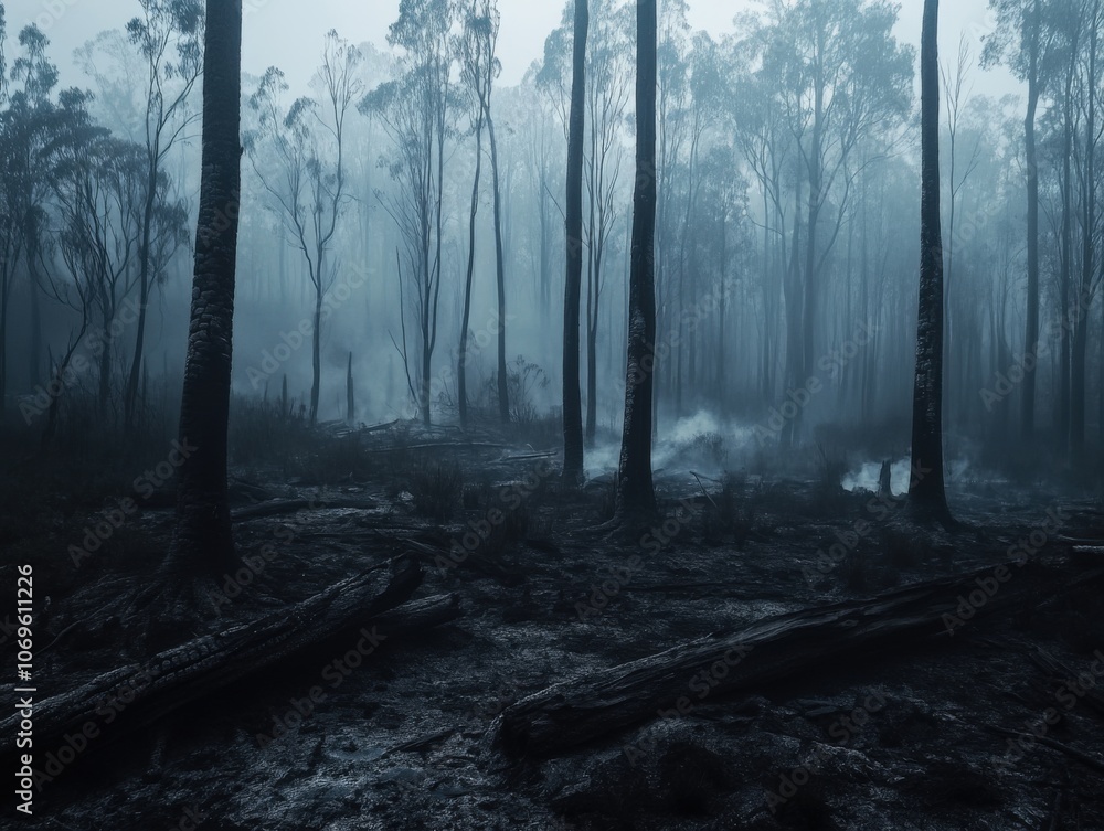 Naklejka premium Charred Forest After Fire, Smoky Haze