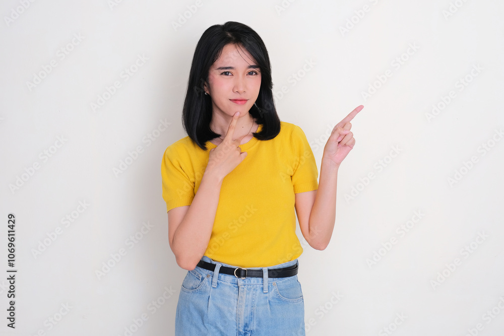 A women thinking about something while pointing beside her A women thinking about something while pointing beside her