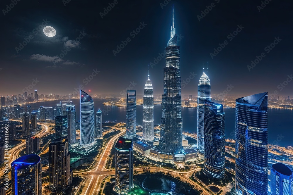 Moonlit Skyline Aerial View of Contemporary Skyscrapers and Urban Landscape Moonlit Skyline Aerial View of Contemporary Skyscrapers and Urban Landscape