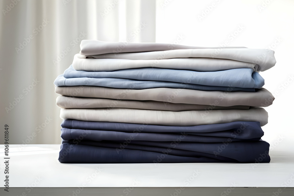 A neatly stacked arrangement of various colored fabrics on a table. A neatly stacked arrangement of various colored fabrics on a table.