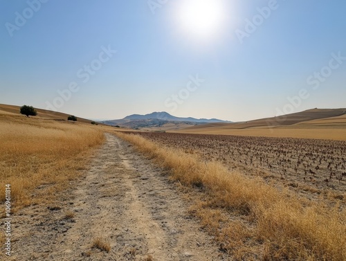 Sunlit Dirt Road Leading Through Arid Hills