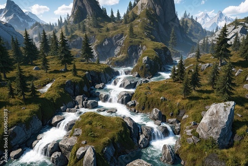 Isometric Mountain Landscape with Wild Forests Flowing Rivers Rocky Outcrops and Scenic Waterfalls