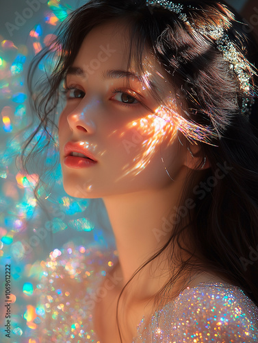 Dreamy Portrait with Rainbow Light Reflections. A delicate, ethereal portrait of a young woman illuminated by soft, rainbow-hued light reflections. Her serene expression and flawless, glowing skin cre