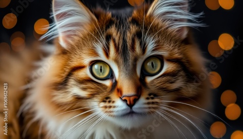 close-up of a fluffy cat with a mix of brown and white fur, featuring striking golden-yellow eyes. The background is dark with small, warm-colored lights, adding a sense of wonder.