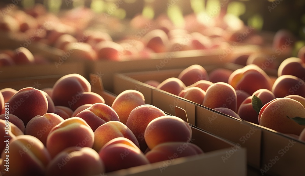 Freshly picked peaches in cardboard boxes, bathed in warm sunlight. Freshly picked peaches in cardboard boxes, bathed in warm sunlight.