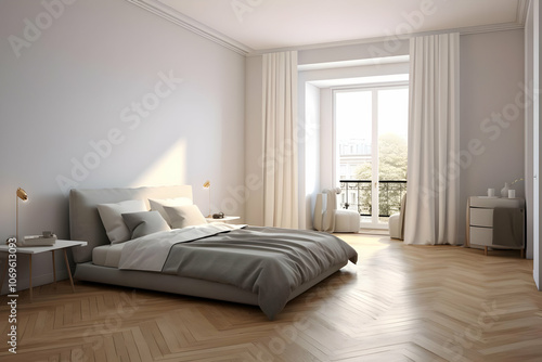 A serene, modern bedroom with a large bed, soft lighting, and a view of the outdoors.