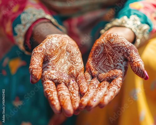 The vibrant colors of intricate henna patterns on a woman open palms, captured in a close-up, reflect the beauty of cultural art, tradition, and celebration.