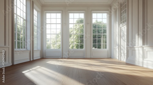 A large room with three windows and a wooden floor. The windows are all open and the room is very bright