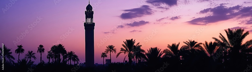 A peaceful dusk scene with a mosque minaret and palm trees silhouetted against a pink and purple sky, capturing tranquility and spirituality. A peaceful dusk scene with a mosque minaret and palm trees silhouetted against a pink and purple sky, capturing tranquility and spirituality.