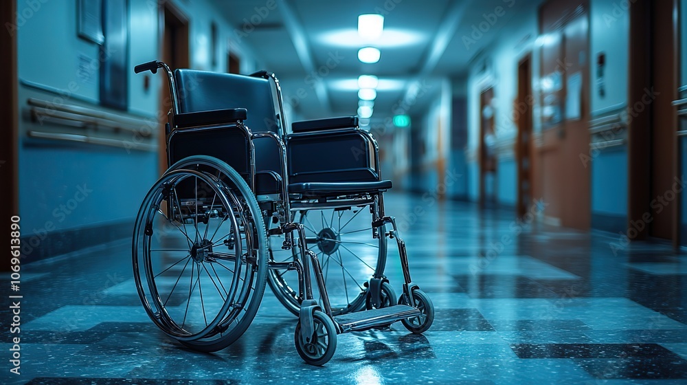 An empty wheelchair folded beside a hospital hallway, intended for patient or disability service. An empty wheelchair folded beside a hospital hallway, intended for patient or disability service.