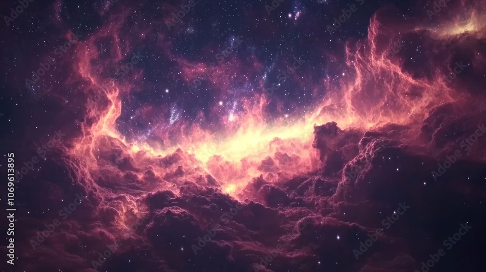 A stunning cosmic scene depicting vibrant clouds and stars in a galaxy. A stunning cosmic scene depicting vibrant clouds and stars in a galaxy.