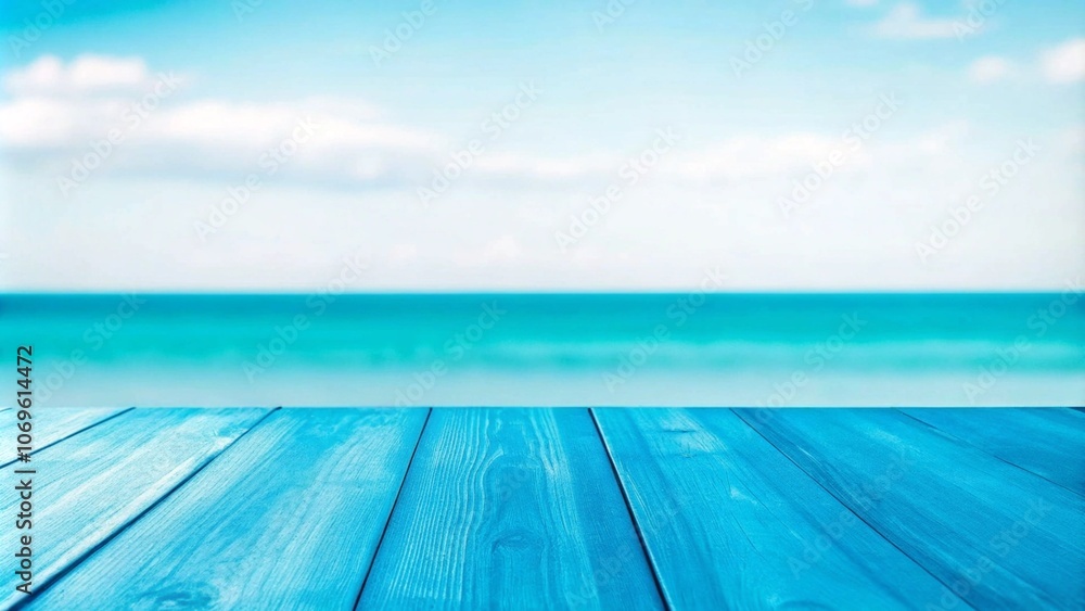 Blue wooden floor with a blurred seascape of blue ocean and sky in the background, creating a serene coastal atmosphere. Blue wooden floor with a blurred seascape of blue ocean and sky in the background, creating a serene coastal atmosphere.