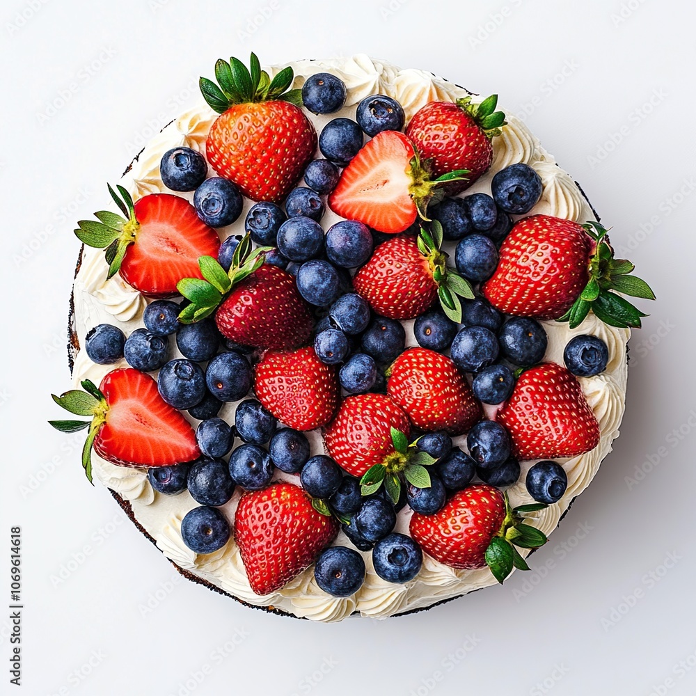 Obraz premium A top view of a round cake decorated with strawberries, blueberries, and whipped cream on a white background.