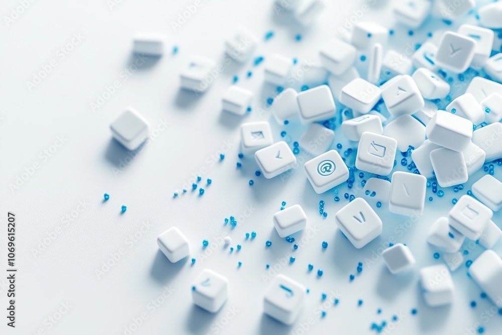 A pile of white computer keys with blue symbols on a white background. A pile of white computer keys with blue symbols on a white background.