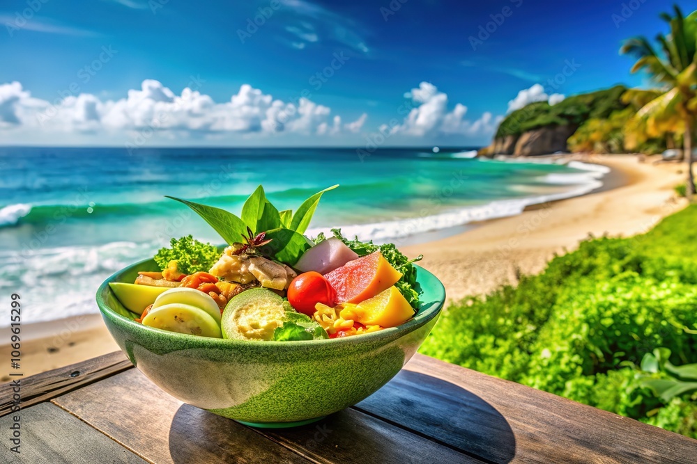 Obraz premium Bali Greenbowl Beach, Clear Sky, Blue Sea, Food Photography