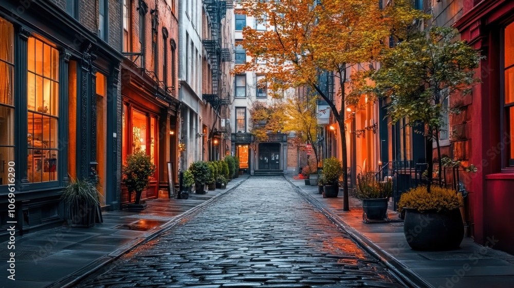 A serene cobblestone alley adorned with autumn foliage and warm lighting. A serene cobblestone alley adorned with autumn foliage and warm lighting.