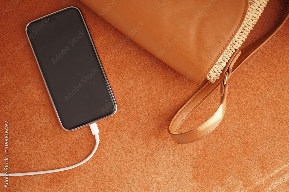 A modern smartphone is conveniently being charged next to a stylish handbag on a soft surface A modern smartphone is conveniently being charged next to a stylish handbag on a soft surface