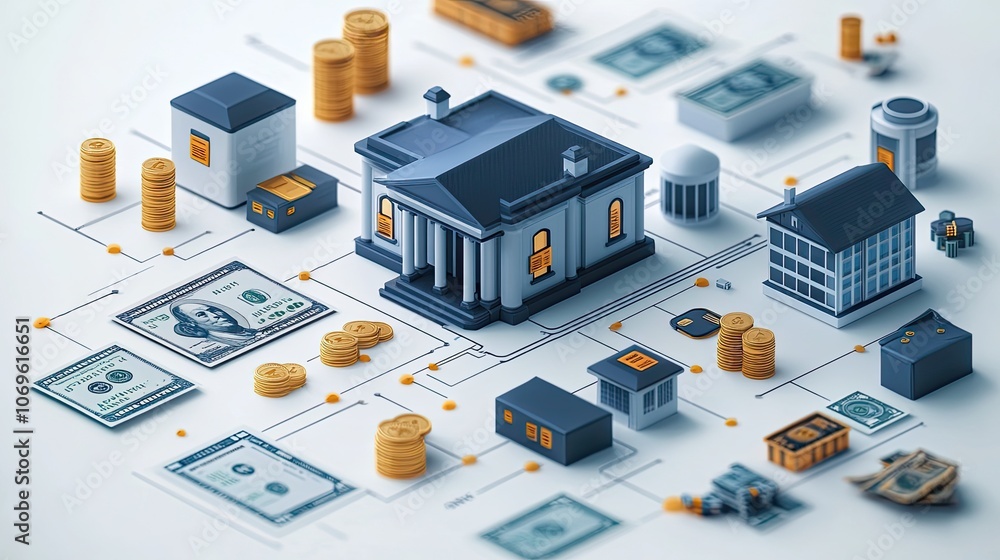 Fototapeta premium An isometric infographic design showing financial flow, illustrating how cash circulates through different systems, with clean and informative visuals for educational purposes.