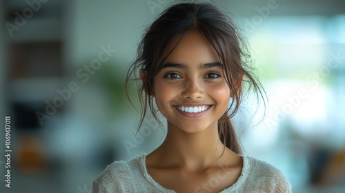 ultra-realistic portrait of a joyful indian girl with bright eyes and a warm smile, set against a smooth, solid background, ideal for social media avatars