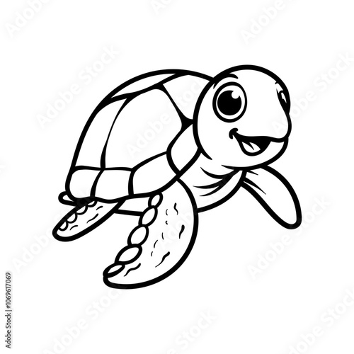 fun sea turtle cartoon character logo isolated drawing coloring line art style sketch classic vintage design illustration