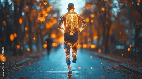 Fototapeta Naklejka Na Ścianę i Meble -  An orthopedic x-ray interface is overlaid on a runner's figure, highlighting the medical treatments available for bone and joint injuries, focusing on healthcare and sports medicine.
