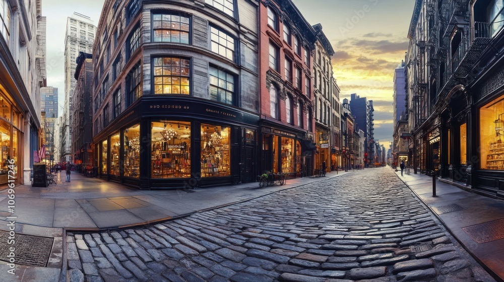 A picturesque cobblestone street lined with charming shops at sunset. A picturesque cobblestone street lined with charming shops at sunset.